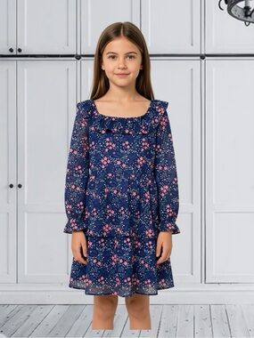 NWT Grace Karin Navy Blue Pink Floral Layered Chiffon Dress Size 8Y